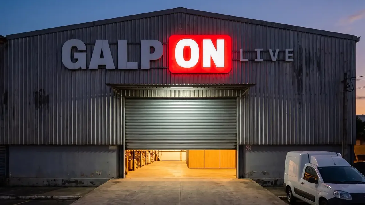 Imagem de projeto: fachada do galpão ao anoitecer, com o letreiro GalpON Live e o ON aceso em vermelho