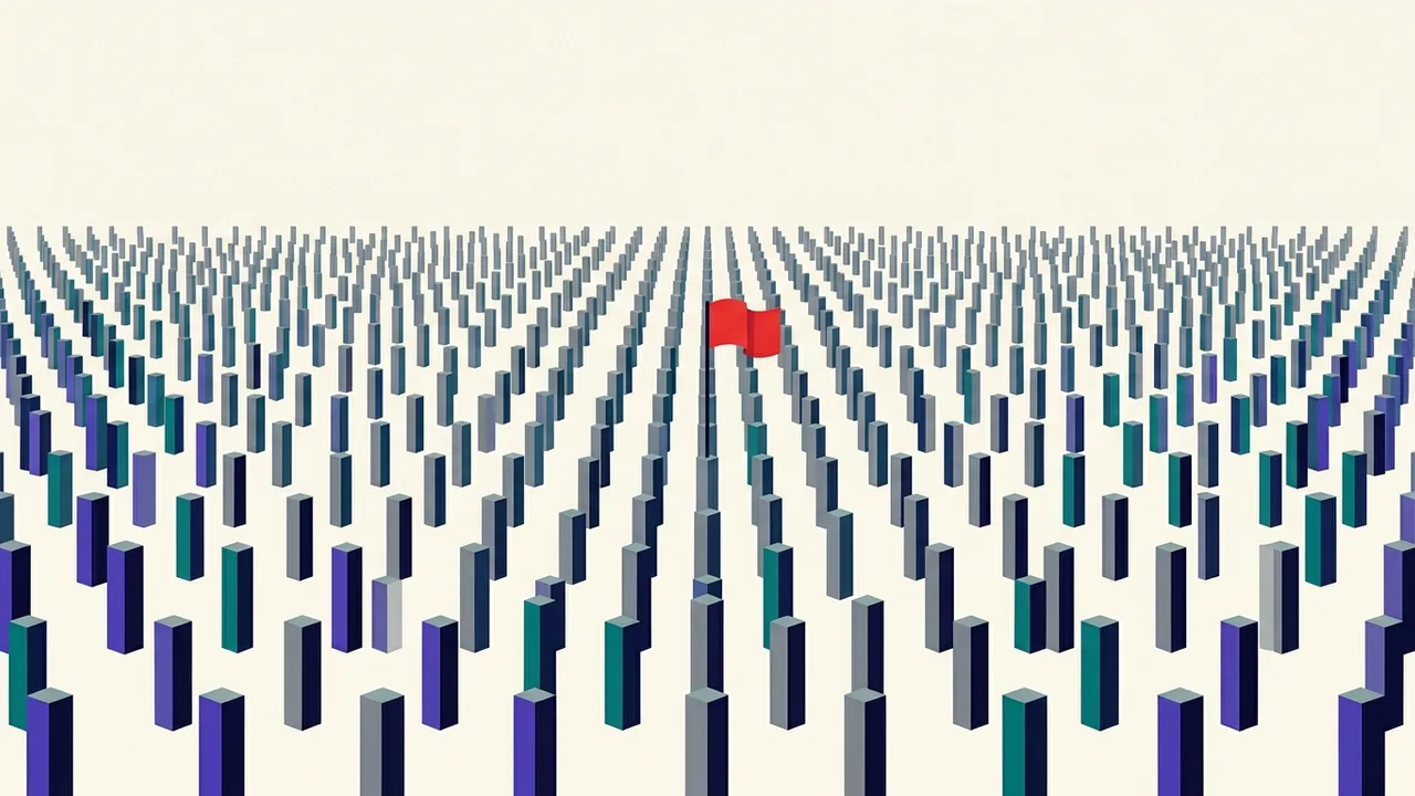 a vast field of identical gray posts stretching to the horizon, with one bright red flag planted in the center