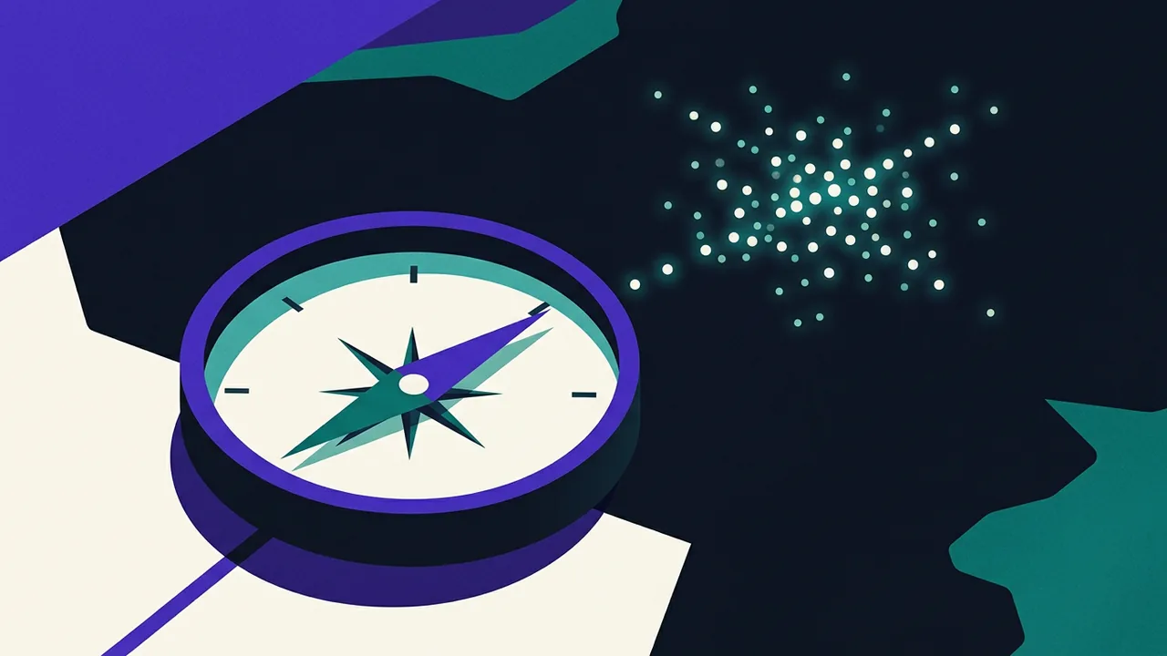 a compass needle pointing toward a dense cluster of glowing data points, while the rest of the map remains dark