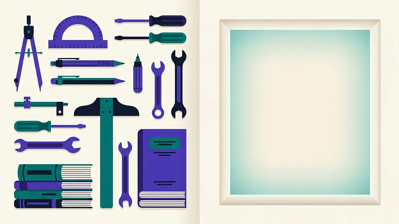 a familiar workspace split down the middle, one side filled with traditional precise tools, the other side holding a single glowing empty field