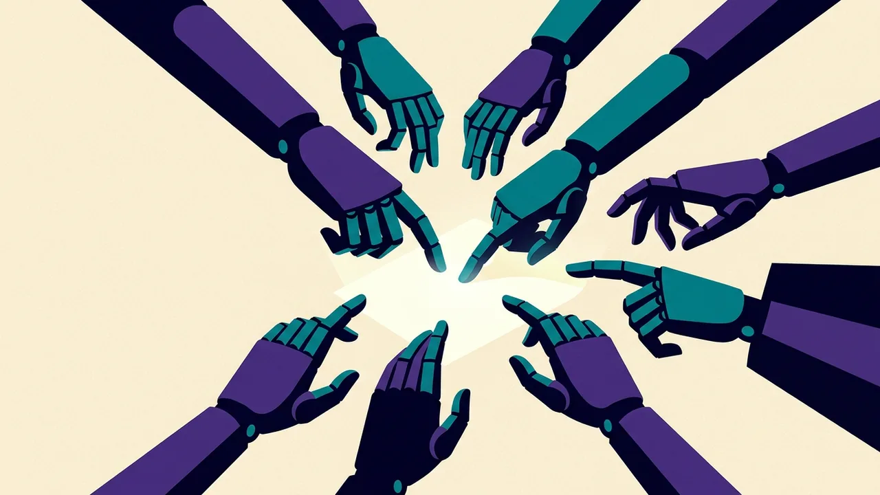 a swarm of identical mechanical hands reaching toward a single glowing page, one hand already touching it while others hover close