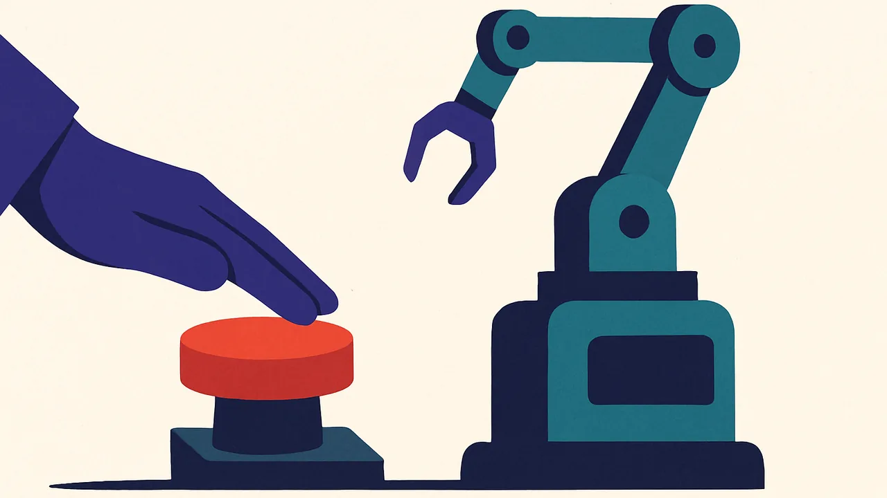 a gloved human hand resting on a large red emergency stop button next to a running laboratory robot