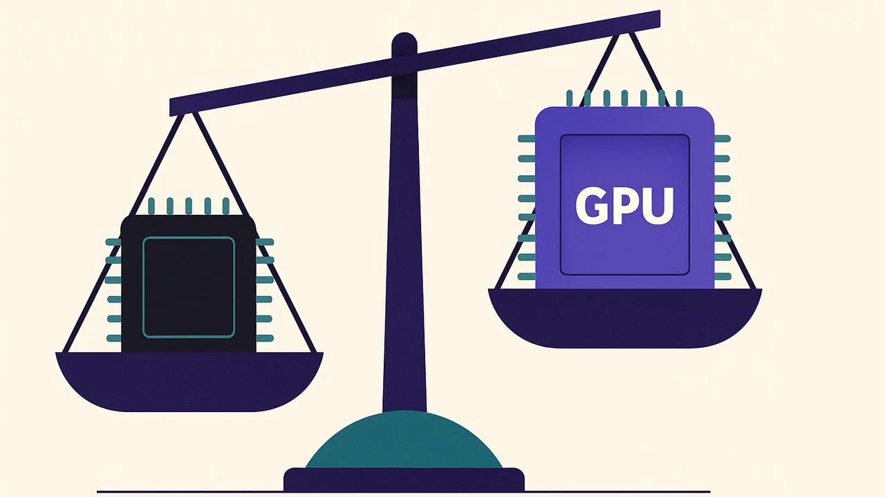 a massive balance scale where a plain CPU chip outweighs a larger GPU chip