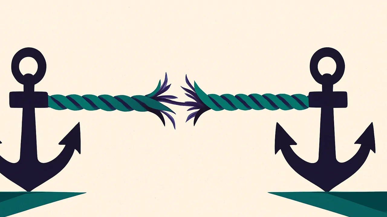 a tug-of-war rope stretched between two anchors, fibers fraying at the center