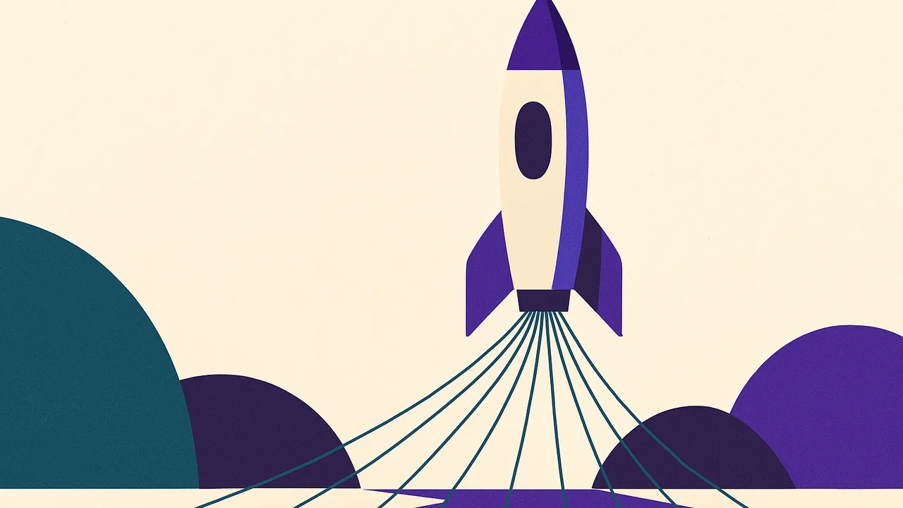 a sleek rocket tethered by many thin strings to the ground