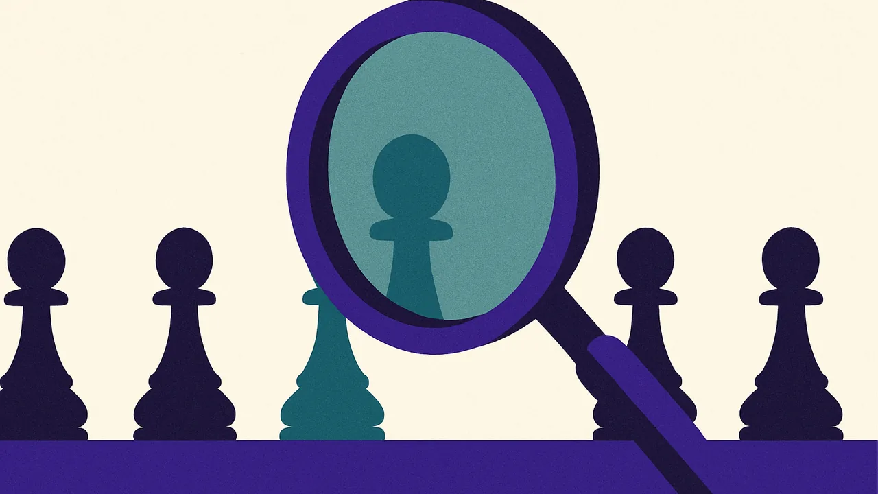 a magnifying glass hovering over a line of identical chess pieces