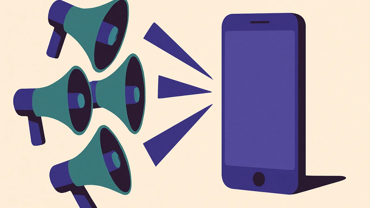 a cluster of small megaphones all aimed at a single plain smartphone