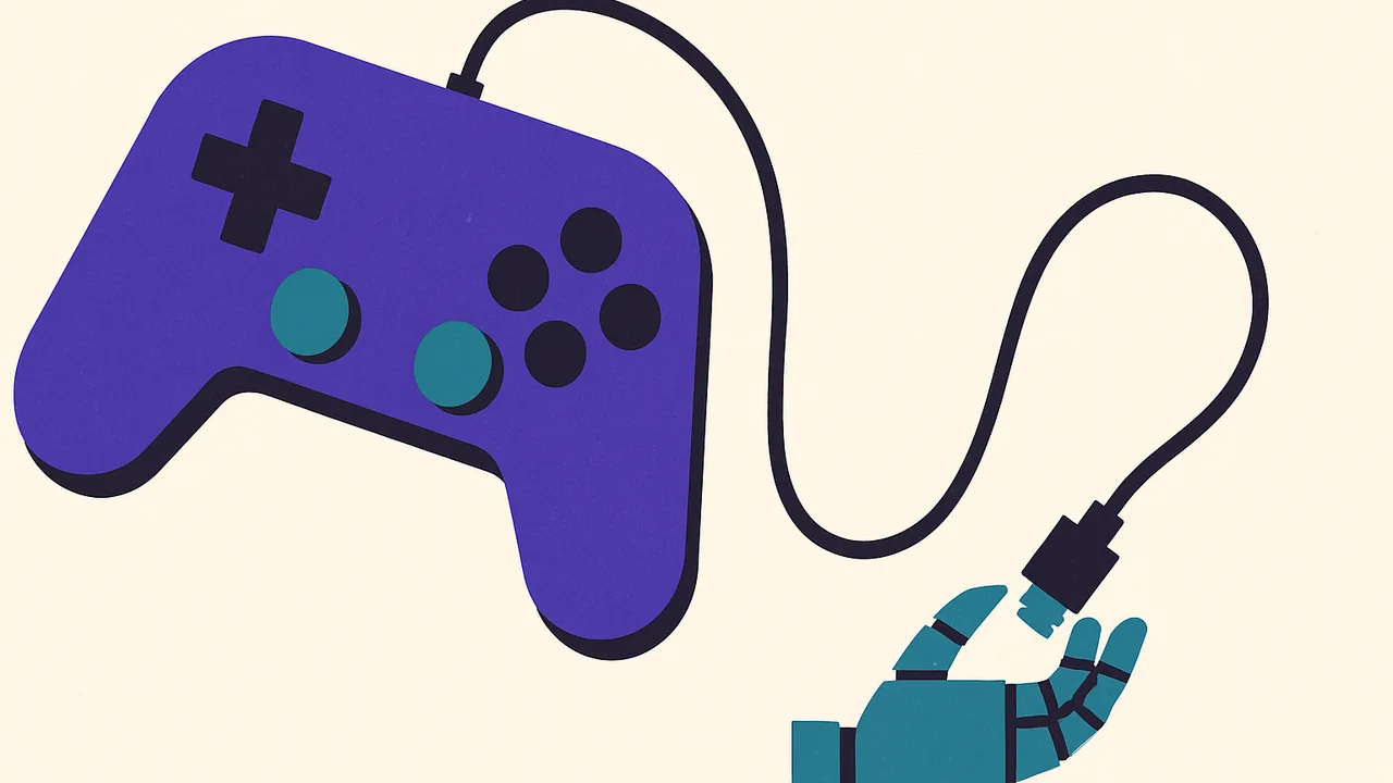a giant game controller plugged into a small robot hand, the cable taut between them