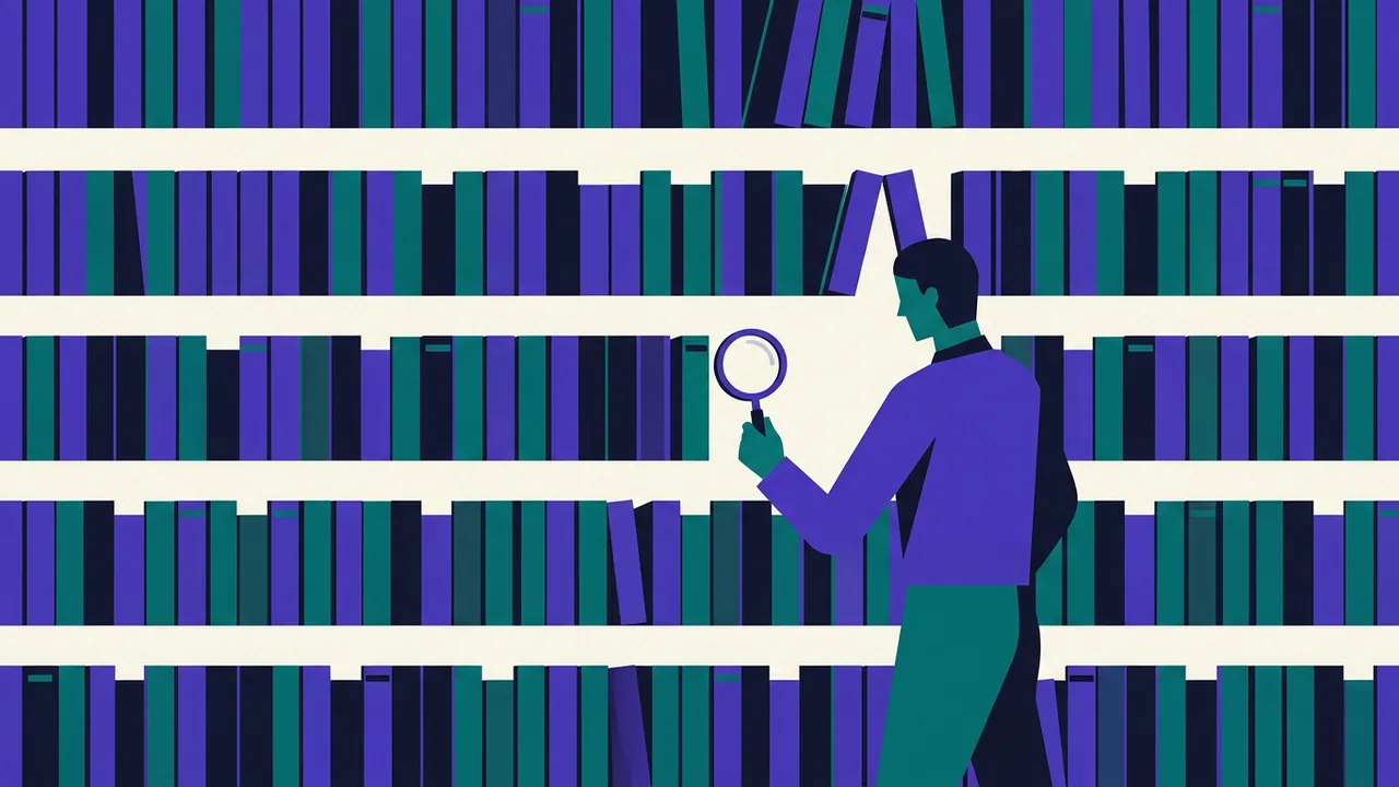 a vast library where every book spine looks identical, and a single person holds a magnifying glass trying to find one real title