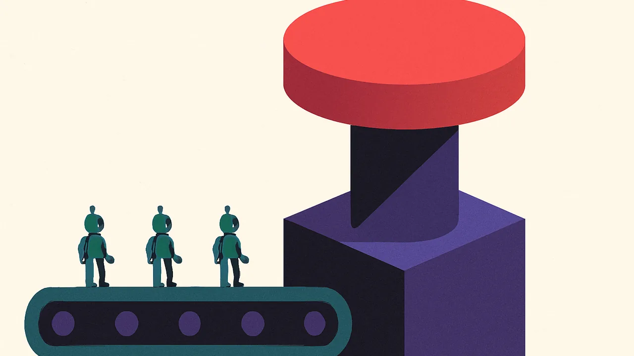 a large emergency stop button looming over a small assembly line of tiny robots
