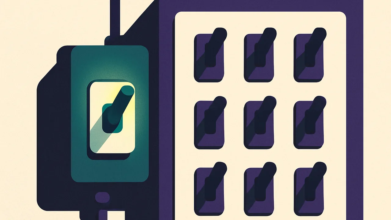 a complex control panel with one newly installed switch glowing while others remain dark