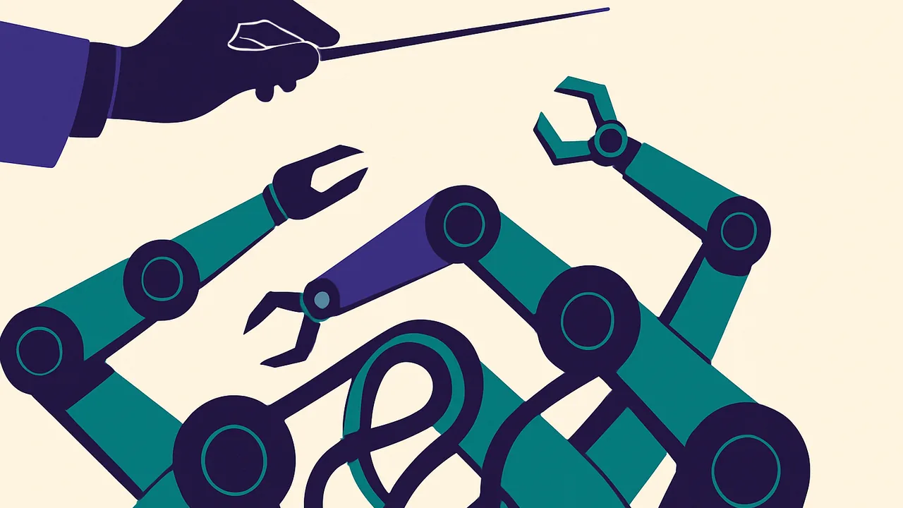 a conductor’s baton hovering over a tangle of robotic arms poised to move