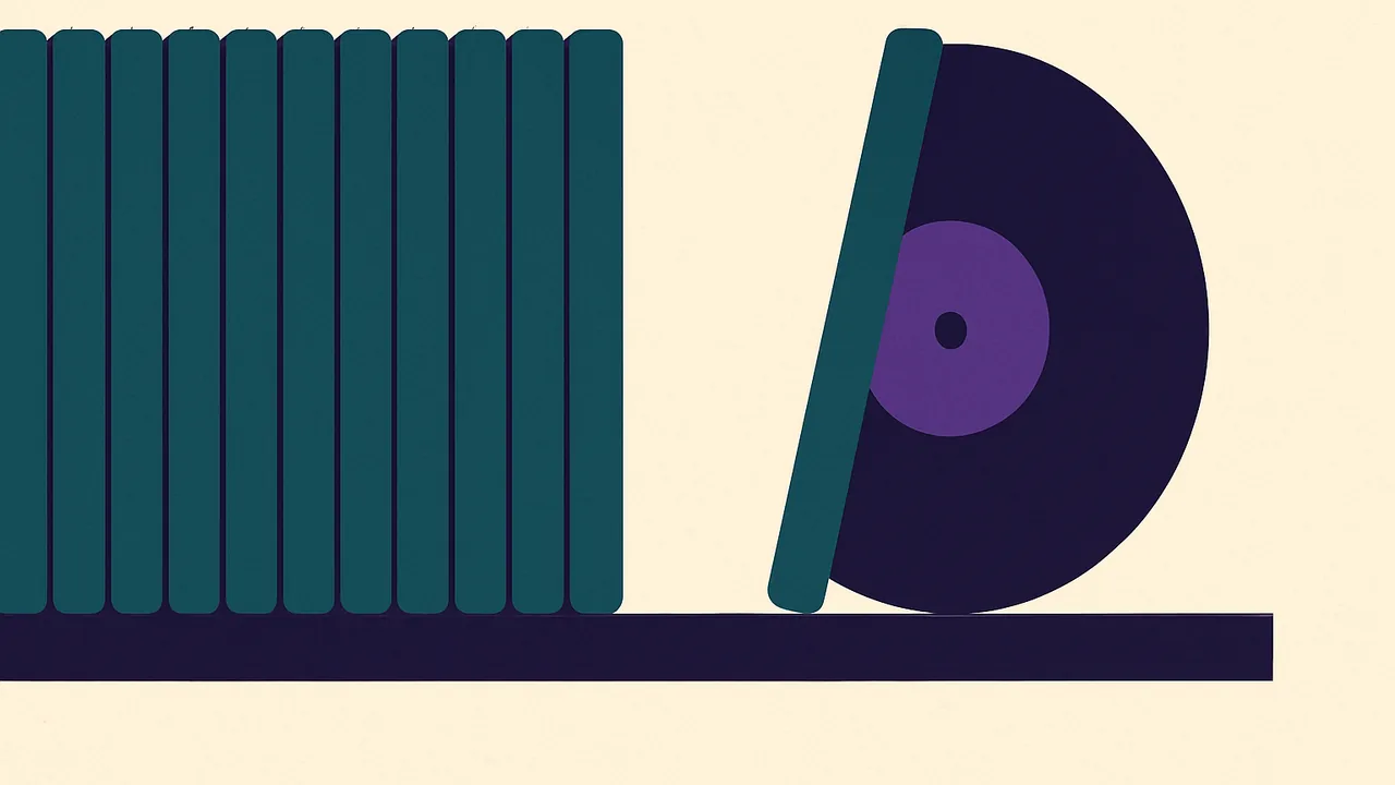 a neat row of vinyl records on a shelf with one record suddenly missing, leaving a clean gap
