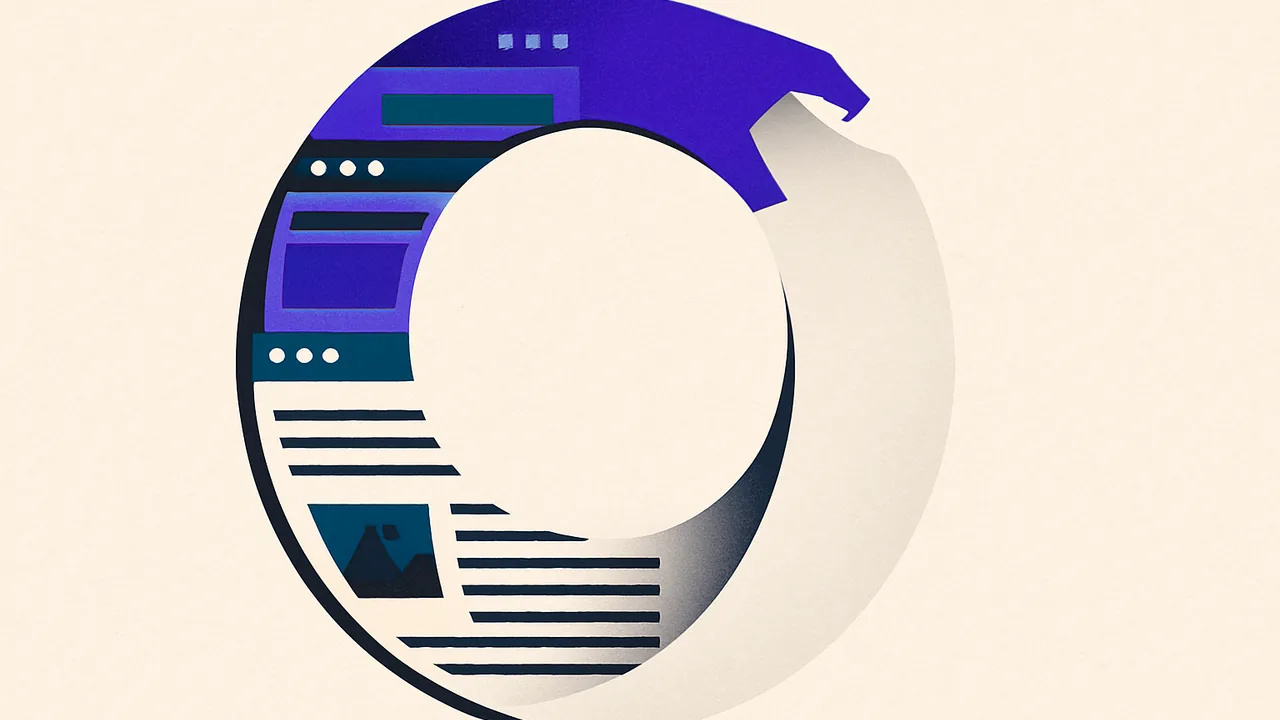 an ouroboros made of printed web pages consuming itself, pages fading to blank