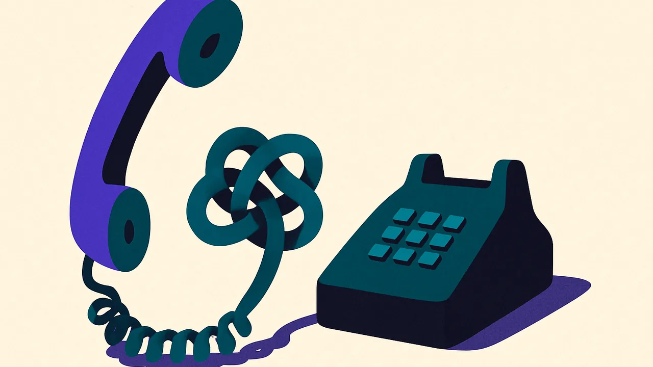 a single vintage telephone with its cord tangled into a tight knot