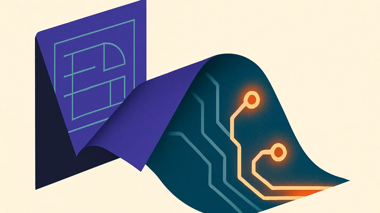 a single sheet of technical blueprints folding into a glowing circuit trace