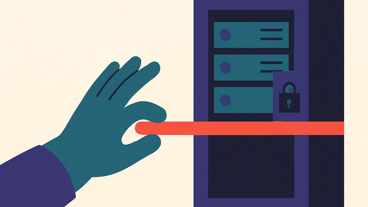 a gloved hand reaching toward a locked server cabinet, stopping at a bright warning line