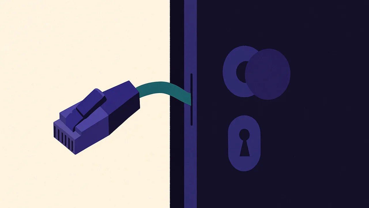 a computer network cable slipping through a narrow crack in a locked door