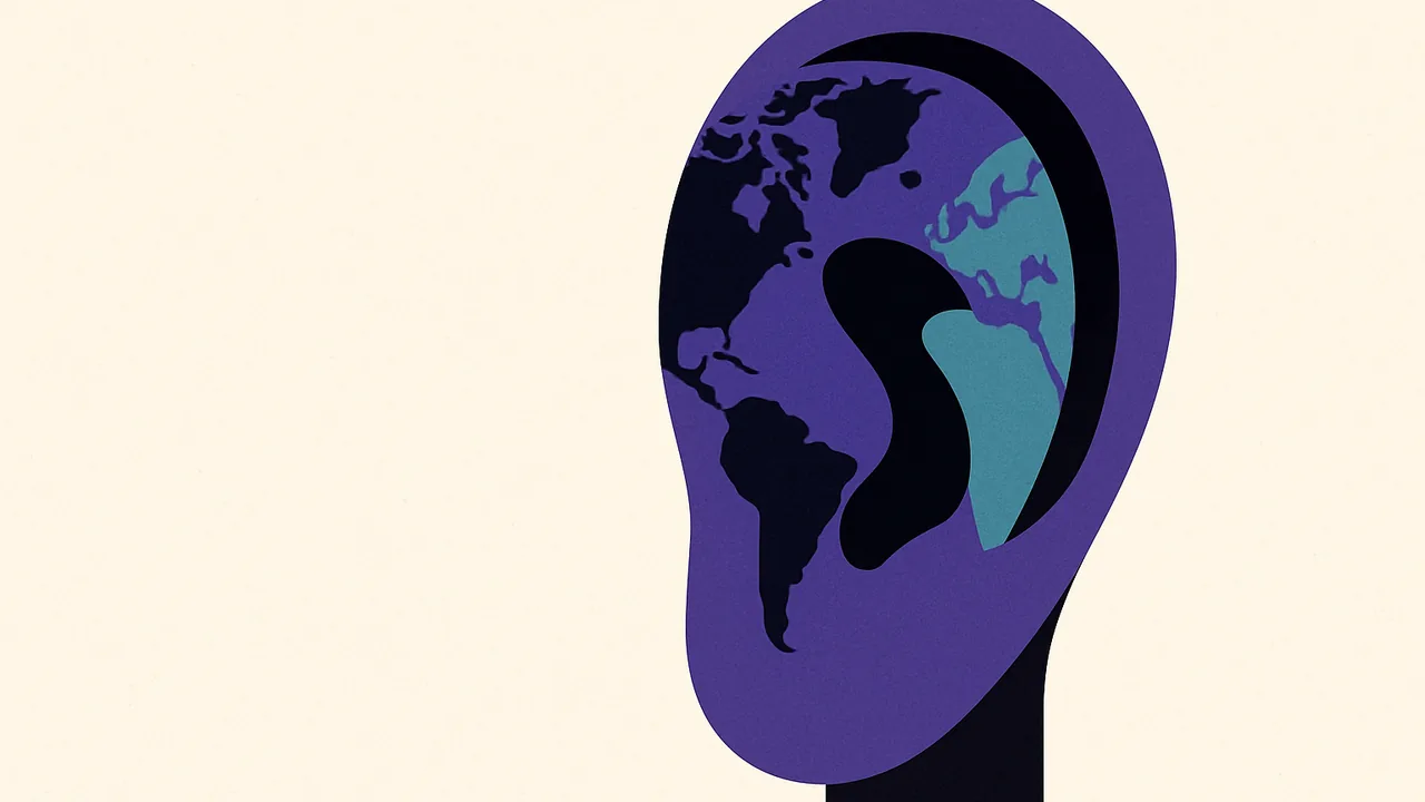 a single large ear shaped like a world map, listening into empty space