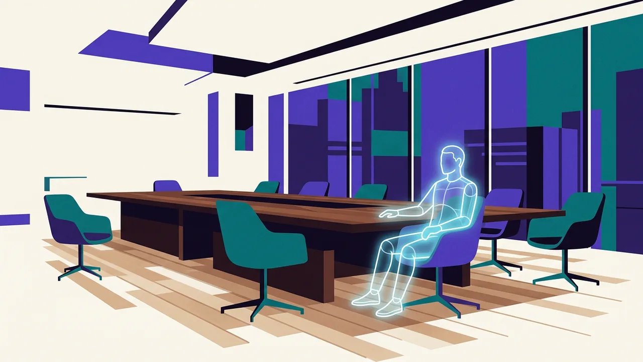 a polished wooden boardroom table with empty chairs, except one seat occupied by a glowing translucent outline of a person