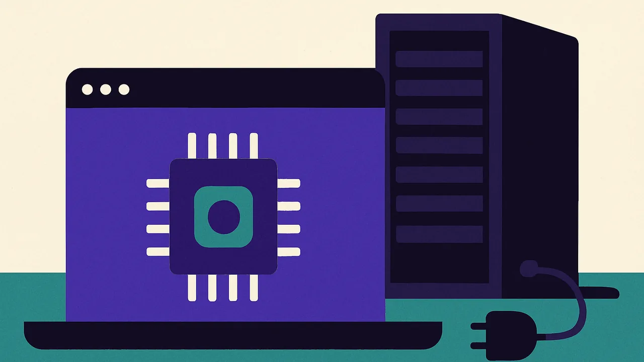 a single browser window shaped like a GPU chip sitting on a desk, a dark unplugged server rack far behind
