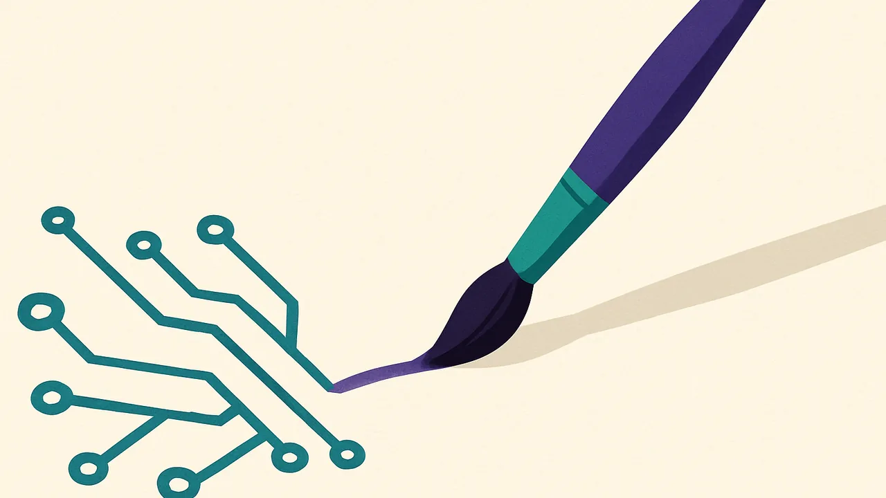 a single paintbrush painting a delicate circuit board pattern as watercolor on blank paper