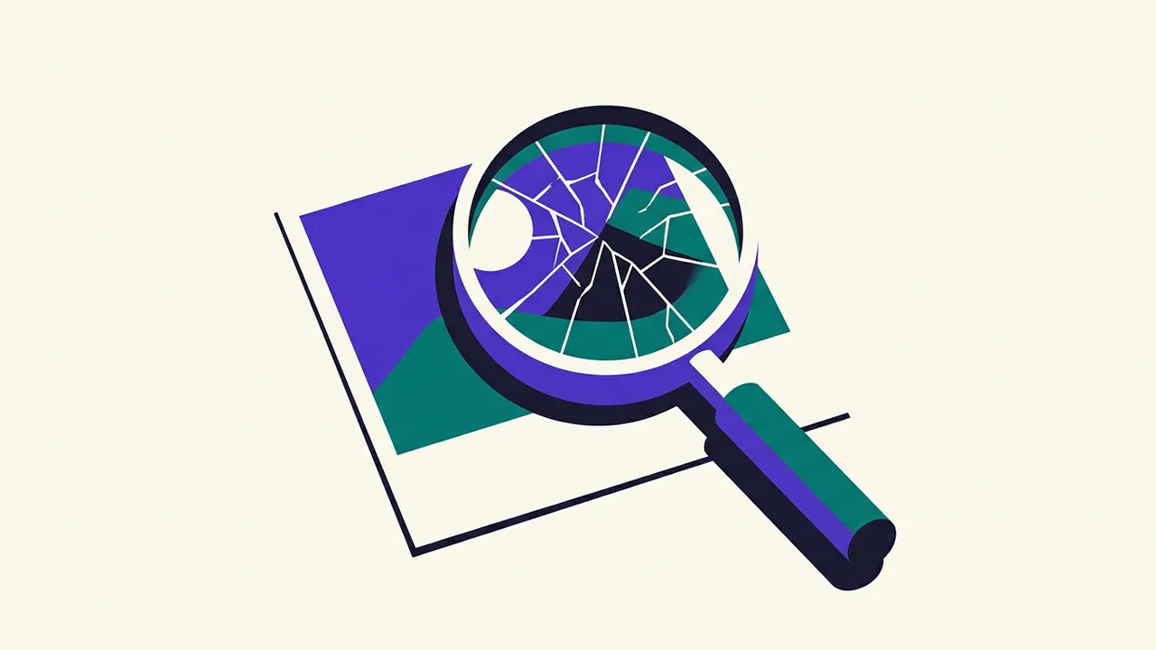 a magnifying glass examining a photograph, but the lens itself is cracked and distorting what it sees