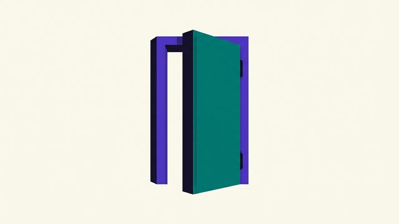 a thick steel door standing alone in an empty space, slightly ajar with no lock or handle visible