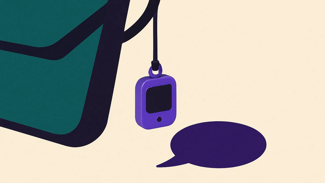 a tiny gadget hanging from a bag strap, its shadow forming a speech bubble on the ground