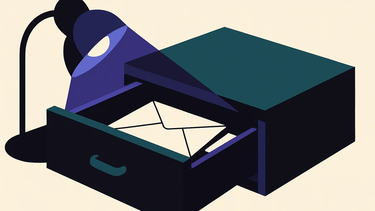 a slightly open desk drawer with personal letters inside illuminated by a single spotlight