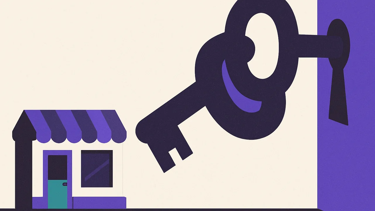 a tiny storefront under the looming silhouette of a giant key turning a lock