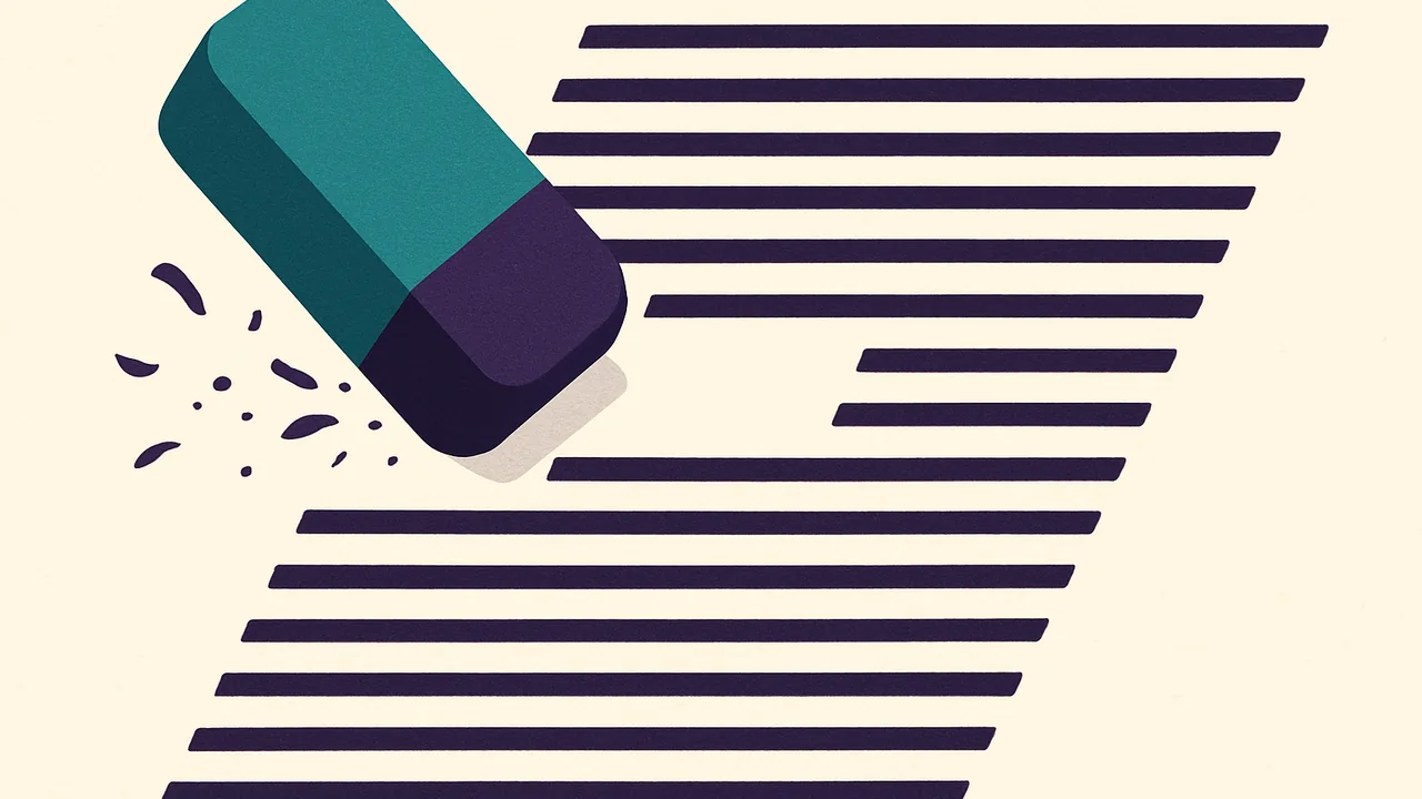 an eraser rubbing out a single line from a dense contract, a small blank gap left behind