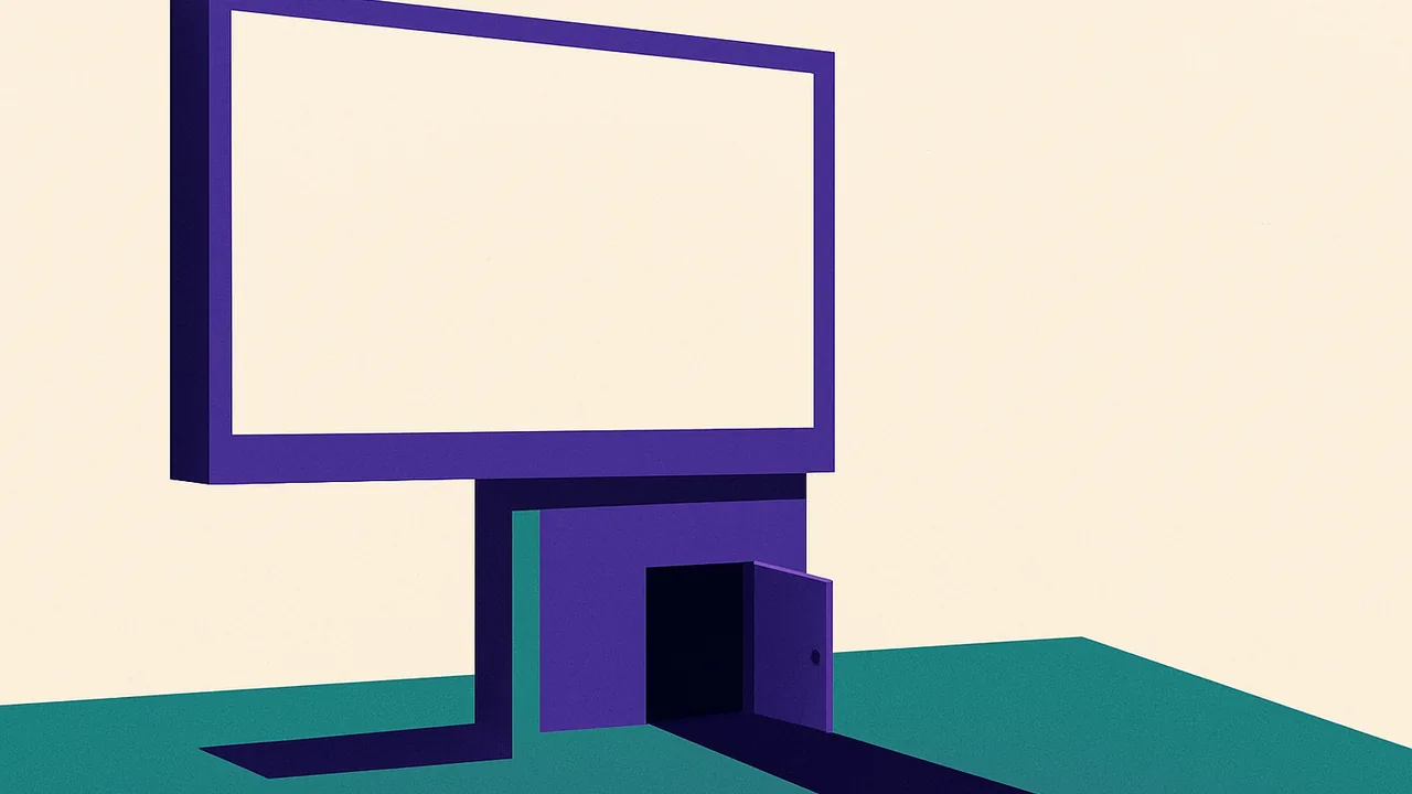 a pristine billboard with a small trapdoor at its base opening to a dark tunnel