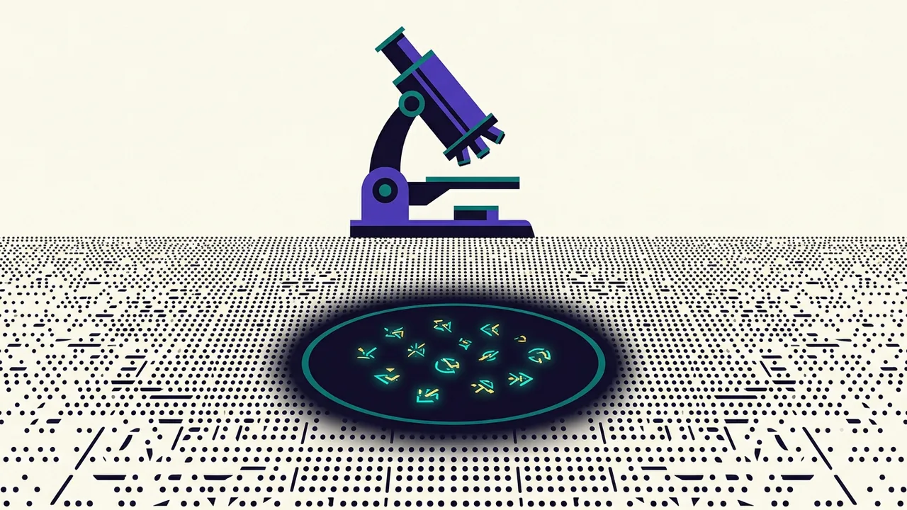 a microscope examining a vast field of conversations, with only a handful of tiny fragments glowing among millions of dark dots