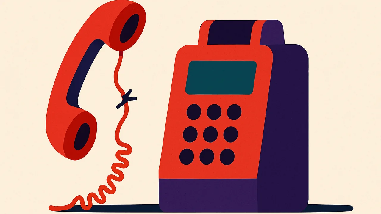 a bright red emergency phone off the hook, its severed cord hanging