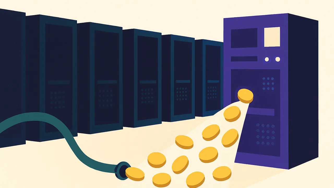 a long row of dark server racks gradually lighting up as a stream of coins flows in from a single hose