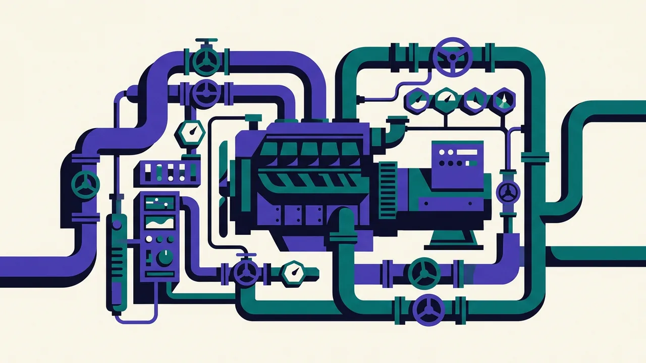 a single powerful engine surrounded by a complex system of pipes, valves and control panels, all sold as one unit