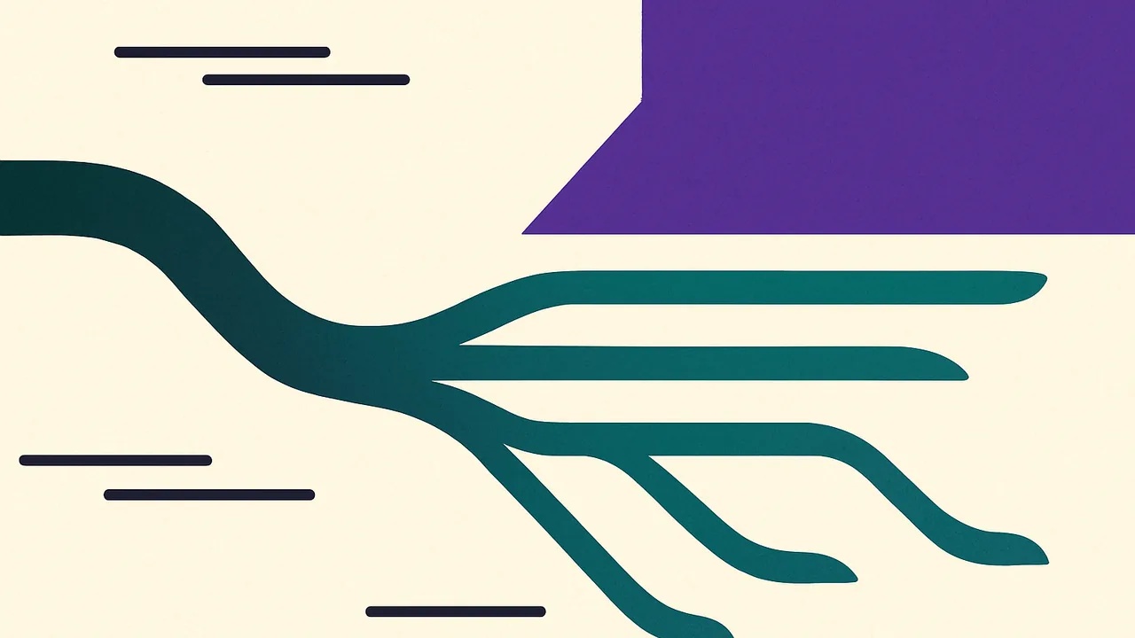 a single river splitting into multiple clean channels as it passes a fork