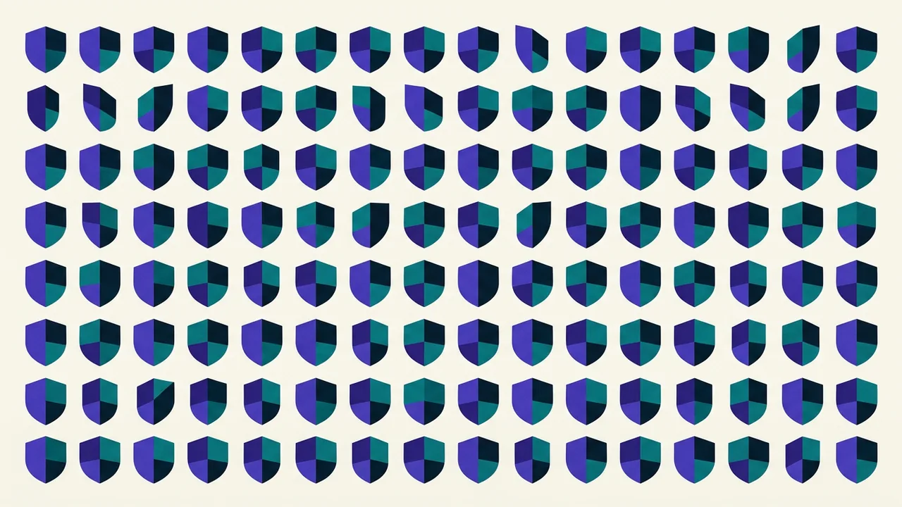 a hundred identical shields arranged in perfect formation, but each one facing a slightly different direction