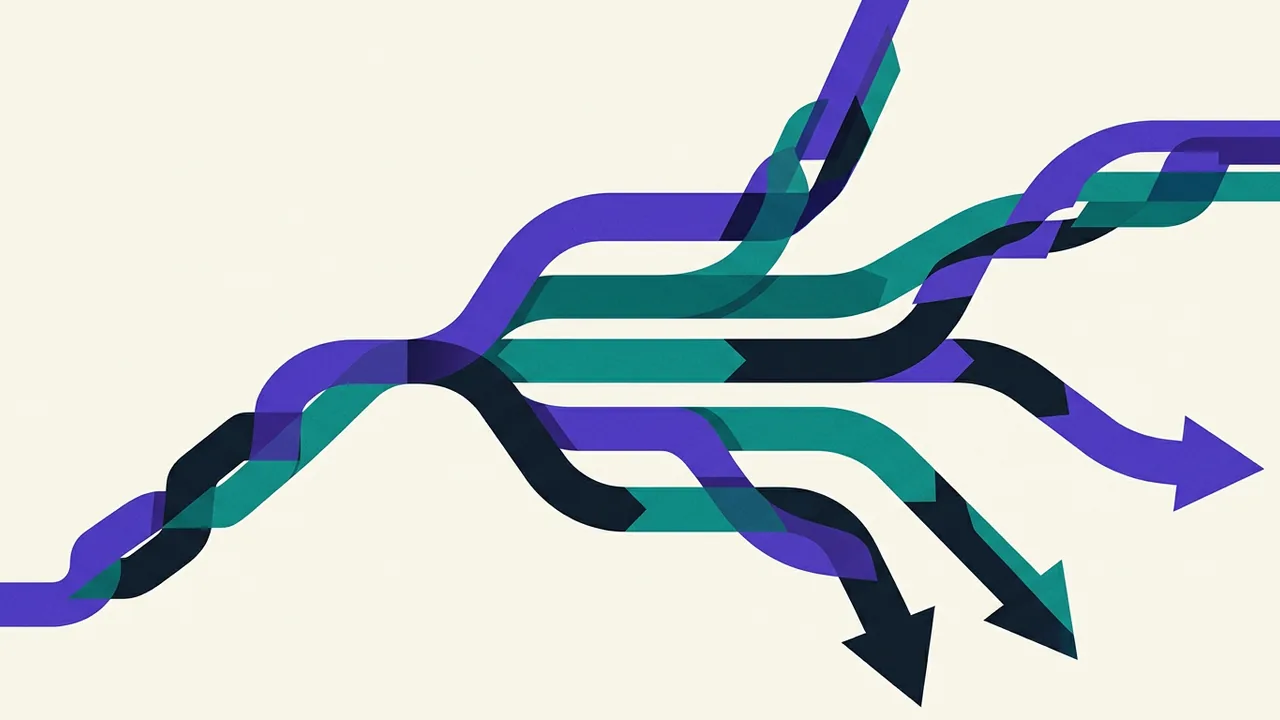 a chain of thought suddenly branching into multiple parallel streams, each flowing in different directions simultaneously