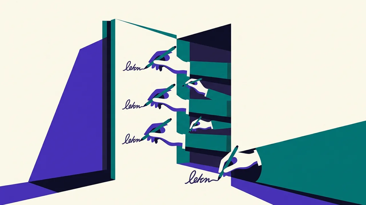 a swarm of identical hands reaching through a doorway, each one holding the same pen and writing the same word