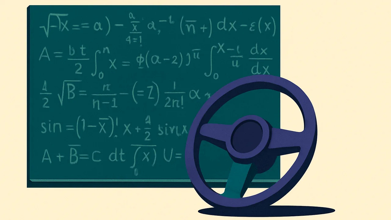 a disconnected steering wheel resting on a chalkboard covered in dense equations