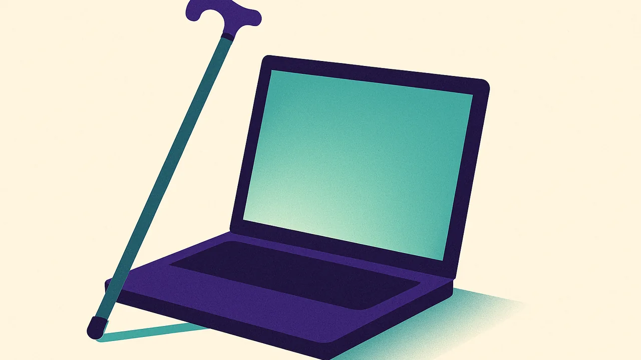 a walking cane leaning against an open laptop that casts a soft glow