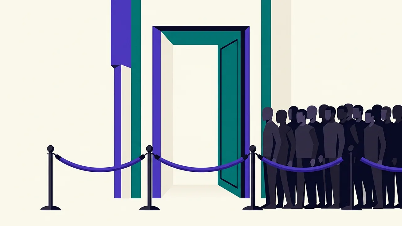 a velvet rope blocking an open doorway, with a crowd of identical figures pressed against it while the space beyond stands empty