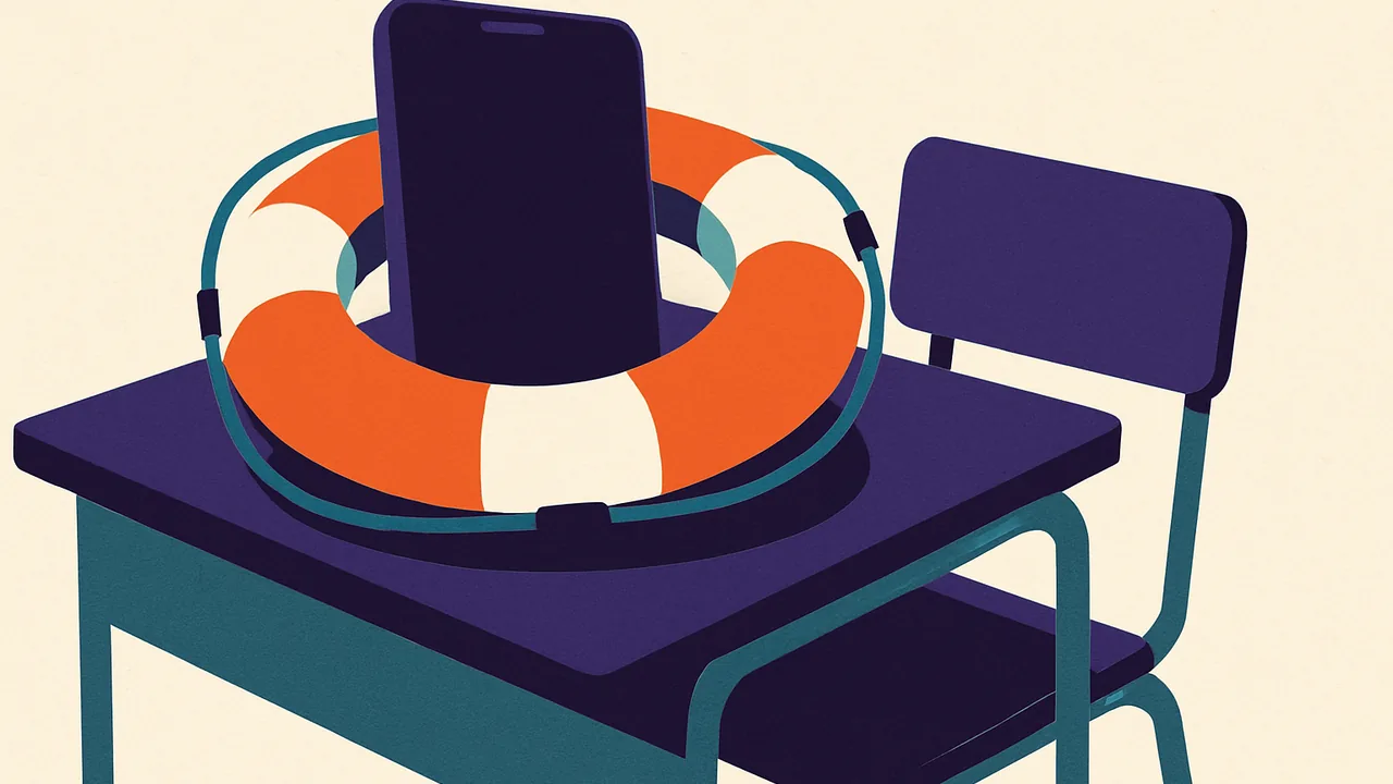 a bright lifebuoy encircling a smartphone on a school desk