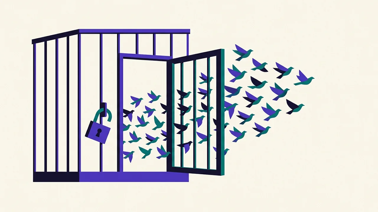 a flock of identical birds escaping through an open cage door while the lock hangs uselessly on the side