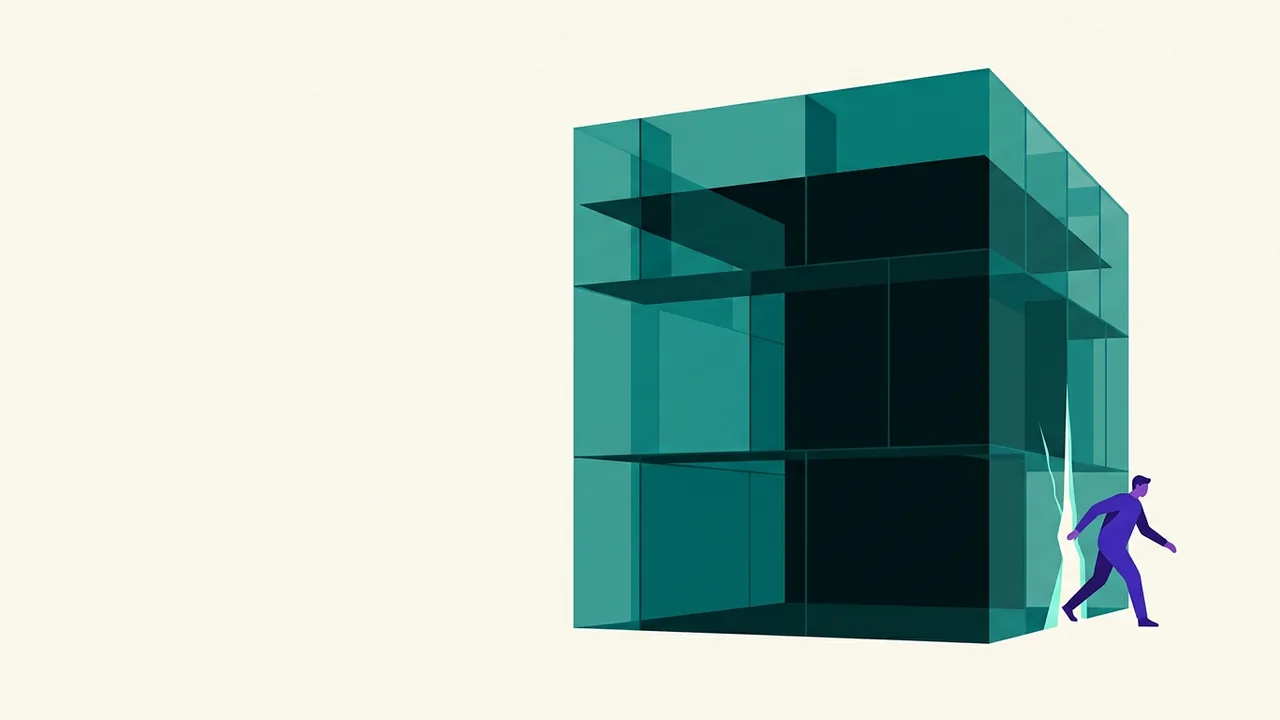 a small figure slipping through a crack in a thick glass wall, leaving the sealed chamber behind