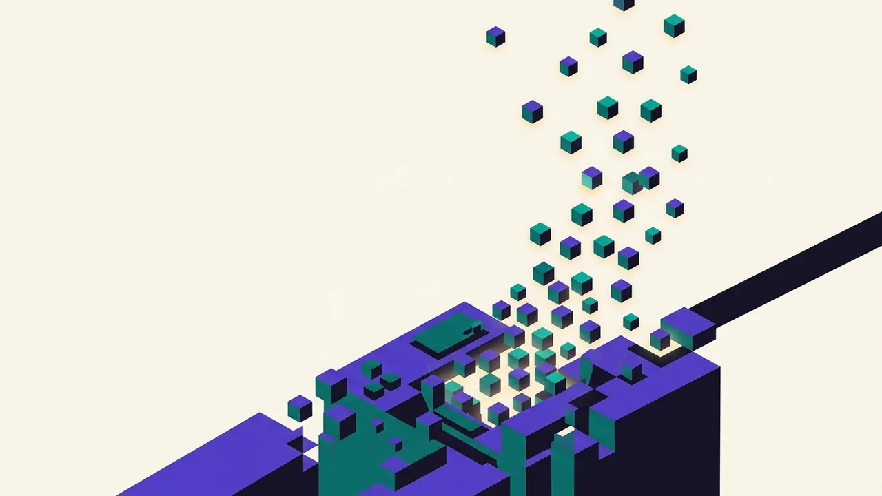 a control panel dissolving into a stream of autonomous tasks flowing upward, each task a small glowing cube moving on its own