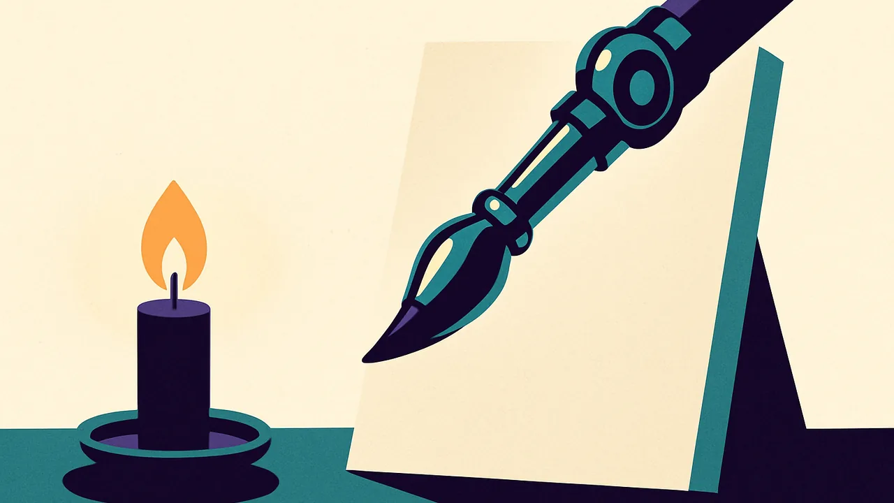 a lit candle casting a small warm light beside a gleaming robotic paintbrush hovering over a blank canvas