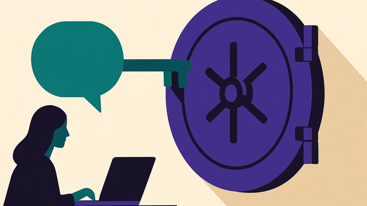 a key shaped like a speech bubble unlocking a sealed vault door